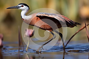 Actophilornis africanus African jacana, with distinctive long toes, gracefully wades