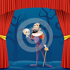 Actor man medieval suit tragic theater curtains stage cartoon character design vector illustration
