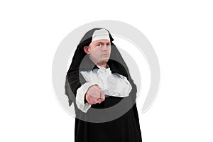 Actor in a nunÂ´s costume pointing with finger