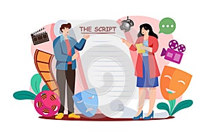 Actor reads the script, movie-making scene