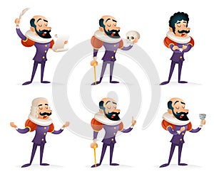 Actor Theater Stage Man Characters Medieval Different Actions Icons Set Cartoon Design Template Vector Illustration