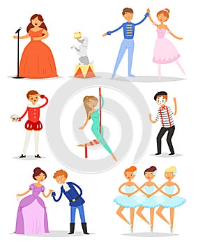 Actor vector performer or actress character playing entertainment performance on theater stage illustration set of