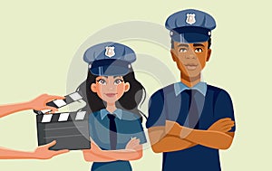 Actors Filming an Action Police Movie Vector Illustration Characters