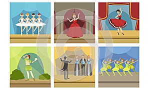 Actors Performing on Stage Set, Music Concert with Opera Singers and Ballet Dancers, Theatrical Stage Interior Vector