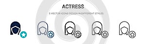 Actress icon in filled, thin line, outline and stroke style. Vector illustration of two colored and black actress vector icons