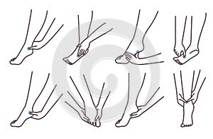 Acupressure foot massage technique. Female character pressing points on feet, vector illustration. Chinese medicine.