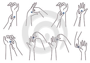 Acupressure hand massage technique. Woman pressing finger, palm, wrist points, vector illustration. Chinese medicine.