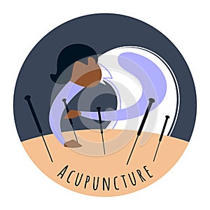 Acupuncture. The acupuncturist performs the acupuncture procedure. Alternative medicine. Flat vector illustration.