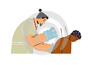 Acupuncture doctor and patient, needle treatment, flat vector on white