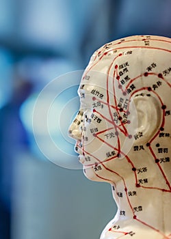 Acupuncture doll with markings in Chinese on blurred background