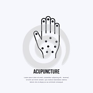 Acupuncture flat line icon, logo. Vector illustration of hand for traditional treatment, alternative medicine center