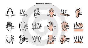 Acupuncture icons set outline vector. Meridian body. Live point thin line color flat on white isolated