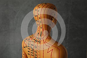 Acupuncture model. Mannequin with dots and lines on dark grey background