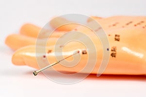 Acupuncture needle on acupuncture hand model