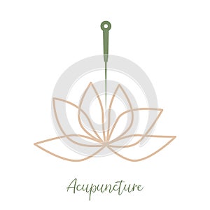 Acupuncture needle and lotus flower. Alternative medicine logo, sign, icon. the acupuncture points as places to stimulate nerves,