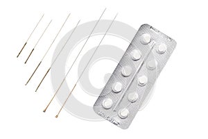 Acupuncture needles or medicine, traditional or non-traditional medicine. The choice of treatment. Isolated on white background