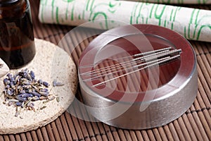 Acupuncture needles, moxa sticks and lavender