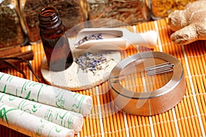 Acupuncture needles, moxa sticks and lavender