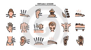 Acupuncture. Stone therapy icons set. Lithotherapy sign symbol collection. Editable stroke. Reflexology. Massage. Alternative