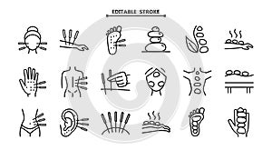 Acupuncture. Stone therapy icons set. Lithotherapy sign symbol collection. Editable stroke. Reflexology. Massage. Alternative