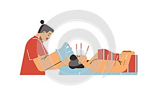 Acupuncture treatment vector illustration, acupuncturist inserts needles into the face of patient, oriental medicine