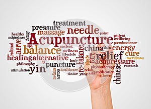 Acupuncture word cloud and hand with marker concept