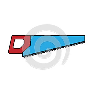 Acute construction blue and red metal icon of a hand saw, wood saws with prongs and a handle for cutting wood. Construction tool.