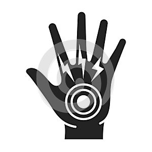 Acute hand pain black glyph icon. Sprain, injury. Isolated vector element. Outline pictogram for web page, mobile app
