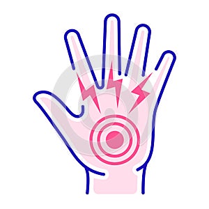 Acute hand pain color line icon. Sprain, injury. Isolated vector element. Outline pictogram for web page, mobile app, promo