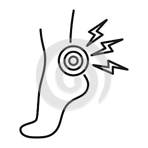 Acute pain foot black line icon. Sprain, injury. Isolated vector element. Outline pictogram for web page, mobile app, promo