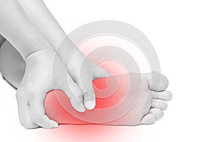 Acute pain in foot. hand massage foot isolated white