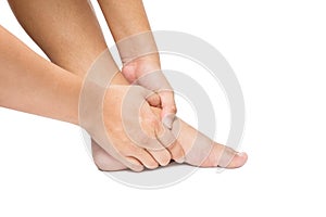 Acute pain in foot. hand massage foot white