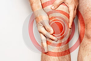 Acute pain in a knee joint, close-up. Color image, on a white background. Pain area of red color photo