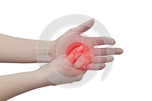 Acute pain in a man palm. Female holding hand to spot of palm-ache..Concept photo with Color Enhanced blue skin with read spot in