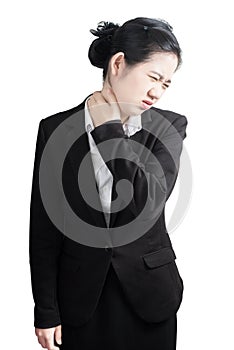 Acute pain and sore throat symptom in a businesswoman isolated on white background. Clipping path on white background.