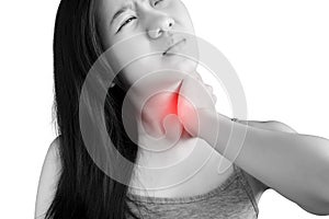 Acute pain and sore throat symptom in a woman isolated on white background. Clipping path on white background.