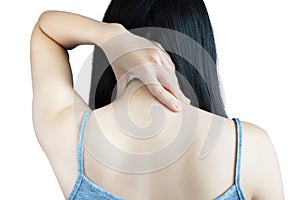 Acute pain and sore throat symptom in a woman isolated on white background. Clipping path on white background.