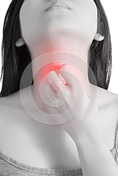 Acute pain and sore throat symptom in a woman isolated on white background. Clipping path on white background.