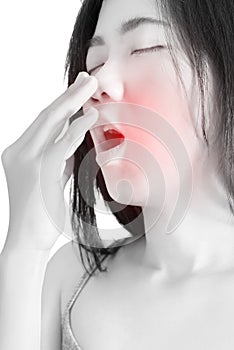 Acute pain and sore throat symptom in a woman isolated on white background. Clipping path on white background.