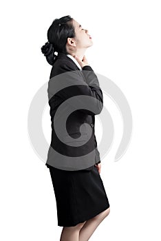 Acute pain and sore throat symptom in a woman isolated on white background. Clipping path on white background.