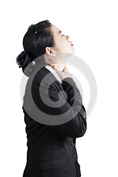 Acute pain and sore throat symptom in a woman isolated on white background. Clipping path on white background.