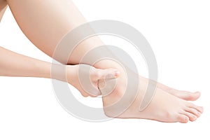 Acute pain in a woman ankle isolated on white background. Clipping path on white background.