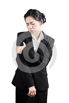 Acute pain in a woman arm isolated on white background. Clipping path on white background.