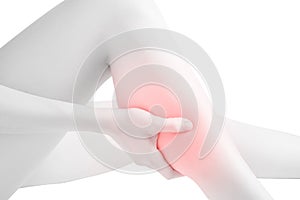 Acute pain in a woman calf leg isolated on white background. Clipping path on white background.