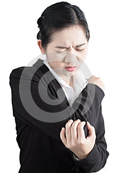 Acute pain in a woman elbow isolated on white background. Clipping path on white background.