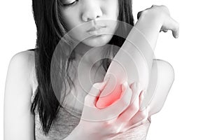 Acute pain in a woman elbow on white background. Clipping path on white background.
