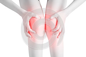 Acute pain in a woman knee isolated on white background. Clipping path on white background.