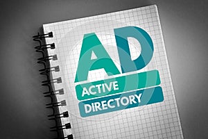 AD - Active Directory acronym on notepad, technology concept background