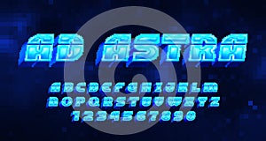 Ad Astra alphabet font. Pixel letters and numbers in 80s style. Pixel background.