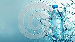 Ad banner for mineral water bottle, plastic flask with pure drink and blank label floating on blue splashing aqua